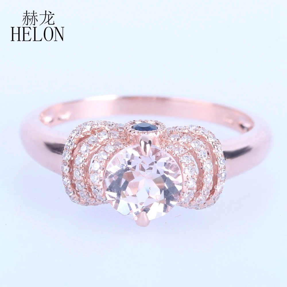 HELON Solid 14K AU585 Rose Gold Flawless Round 6mm Genuine Morganite Diamonds Engagement Ring Real Sapphires Jewelry For Women