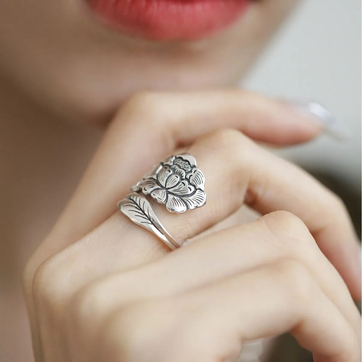 Buyee 925 Sterling Silver Female Big Ring Finger Peony Flower Open Ring for Women Fashion National Style Fine Jewelry Circle