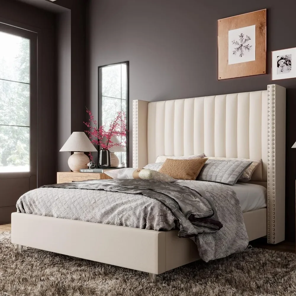 

King Size Bed Frame Upholstered Platform Bed with Tall Headboard Wingback, Velvet Vertical Channel Tufted, No Box Spring Needed