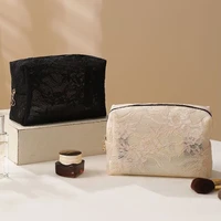 Bolsa de maquillaje de malla de encaje para mujer, bolsa organizadora de cosméticos y joyas de gran capacidad, bolsa de aseo portátil cuadrada con cremallera