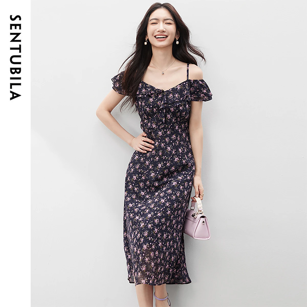 

SENTUBILA Off-the-shoulder Floral Dresses Women 2025 Summer A-line Holiday Patry Refflesd Sleeve Elegant Midi Dress 152L80539