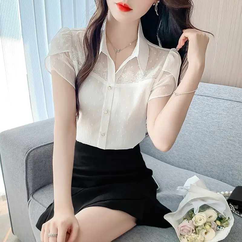 

Женская шифоновая блузка с короткими рукавами, элегантный стиль деловой одежды, летний топ, новинка, приталенная рубашка для женщин