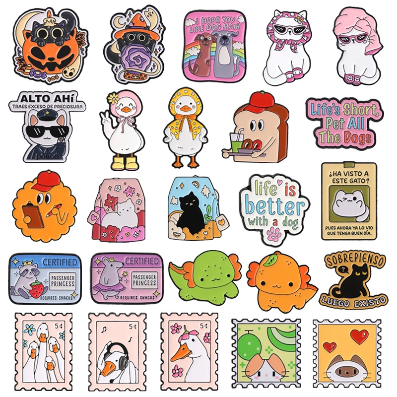Cute Animal Series Enamel Pins Cartoon Goose Stamp Fruit Axolotl Headscarf Duck Cat Tea Pouch Brooches Lapel Badge Jewelry Gifts