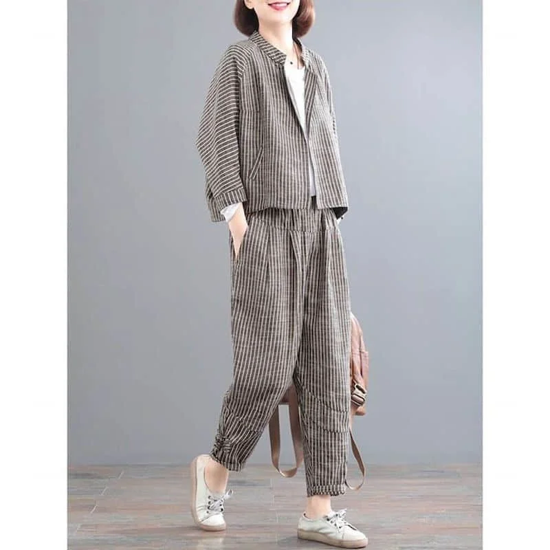 Vintage Pants Sets Long Sleeve Striped Coats and Casual Harem Pants Loose Harajuku Korean Style Two Pieces Sets Women Outfits