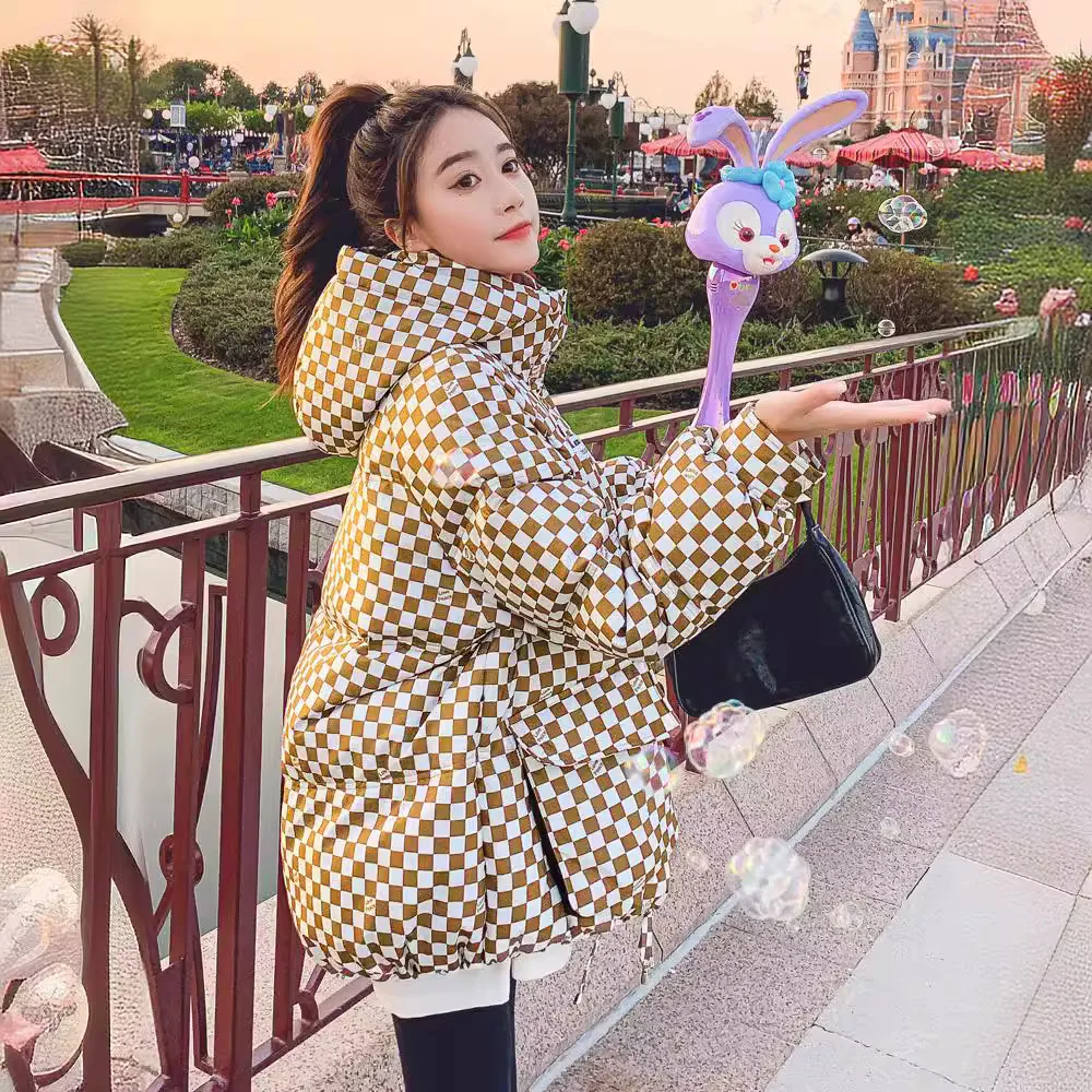 

Women's ort Puffer Cotton Jaet 2024 New Winter Thiened Plaid Small Size Coffee id Bread Sle Knitted Coat