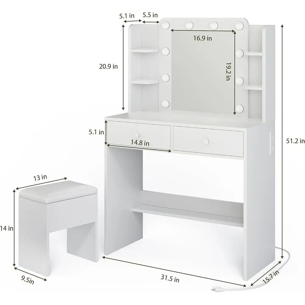 White LED Makeup Vanity Desk with 3-Color Light, 2 Drawers, 6 Shelves, and Chair