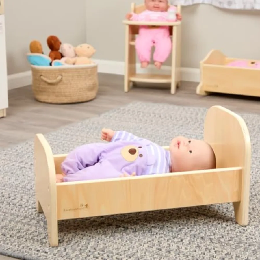 Houten babypop 22"L x 12"B x 12"H Bed Speelmeubilair, Natuurlijke afwerking, Geschikt voor pop tot 22 inch, kleuterschool, kinderspeelgoed