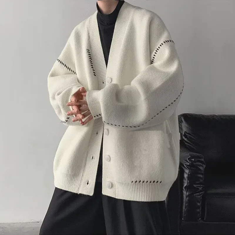 

Мужской вязаный кардиган, свитер 2022, осень-зима, мужской модный кардиган с v-образным вырезом, свободный корейский стиль, стильный повседневный вязаный свитер
