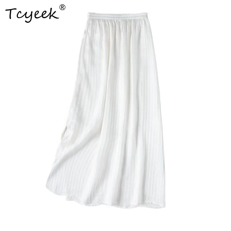 Tcyeek 100% Real Silk Women Skirts 2026 Spring Elastic Waist White Side Slit Straight Skirt Female Clothes Faldas Para Mujeres