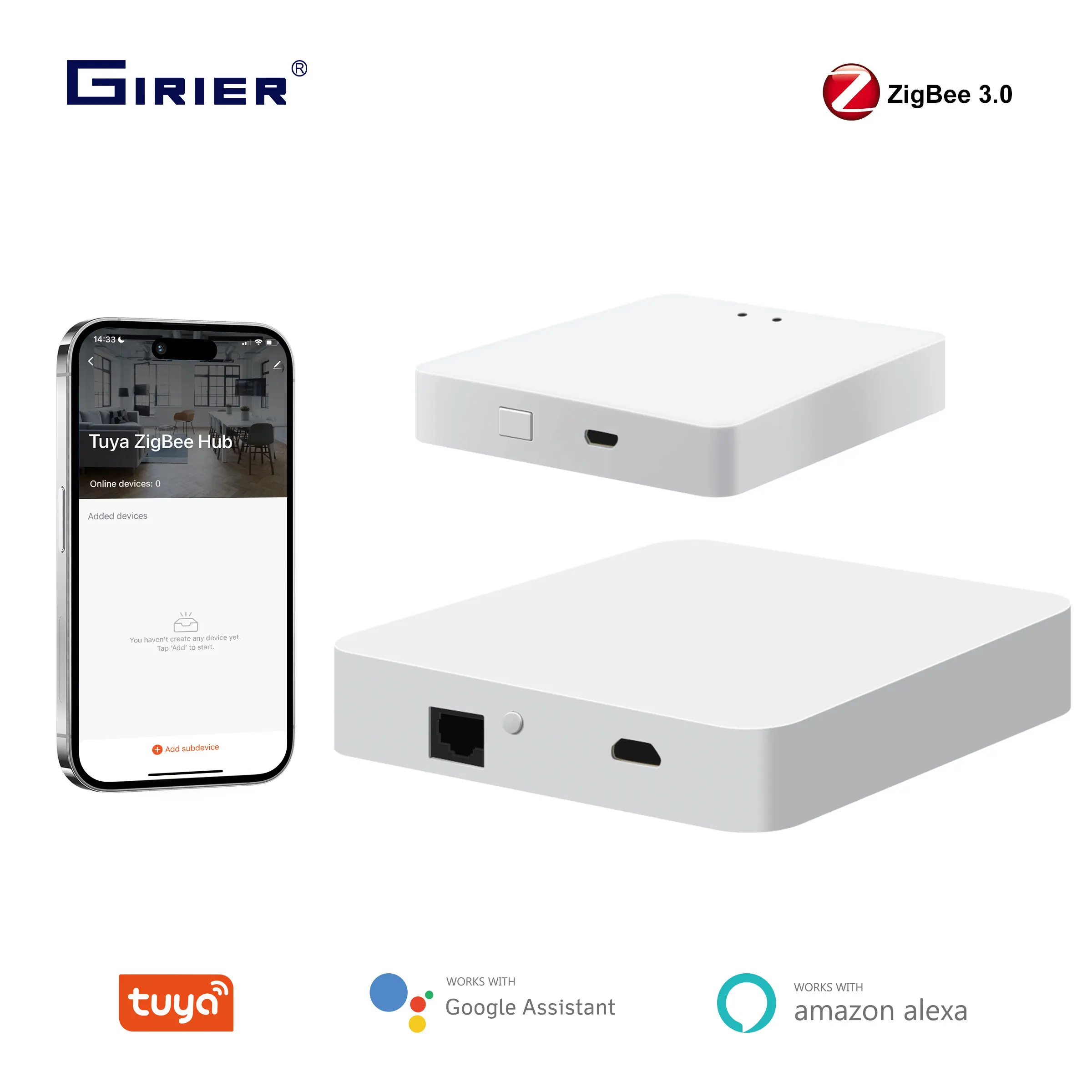 

GIRIER Tuya ZigBee 3,0 Smart Hub Беспроводной/проводной шлюзовый мост для приложения Голосовой пульт дистанционного управления Поддержка Alexa Google Home Assistant
