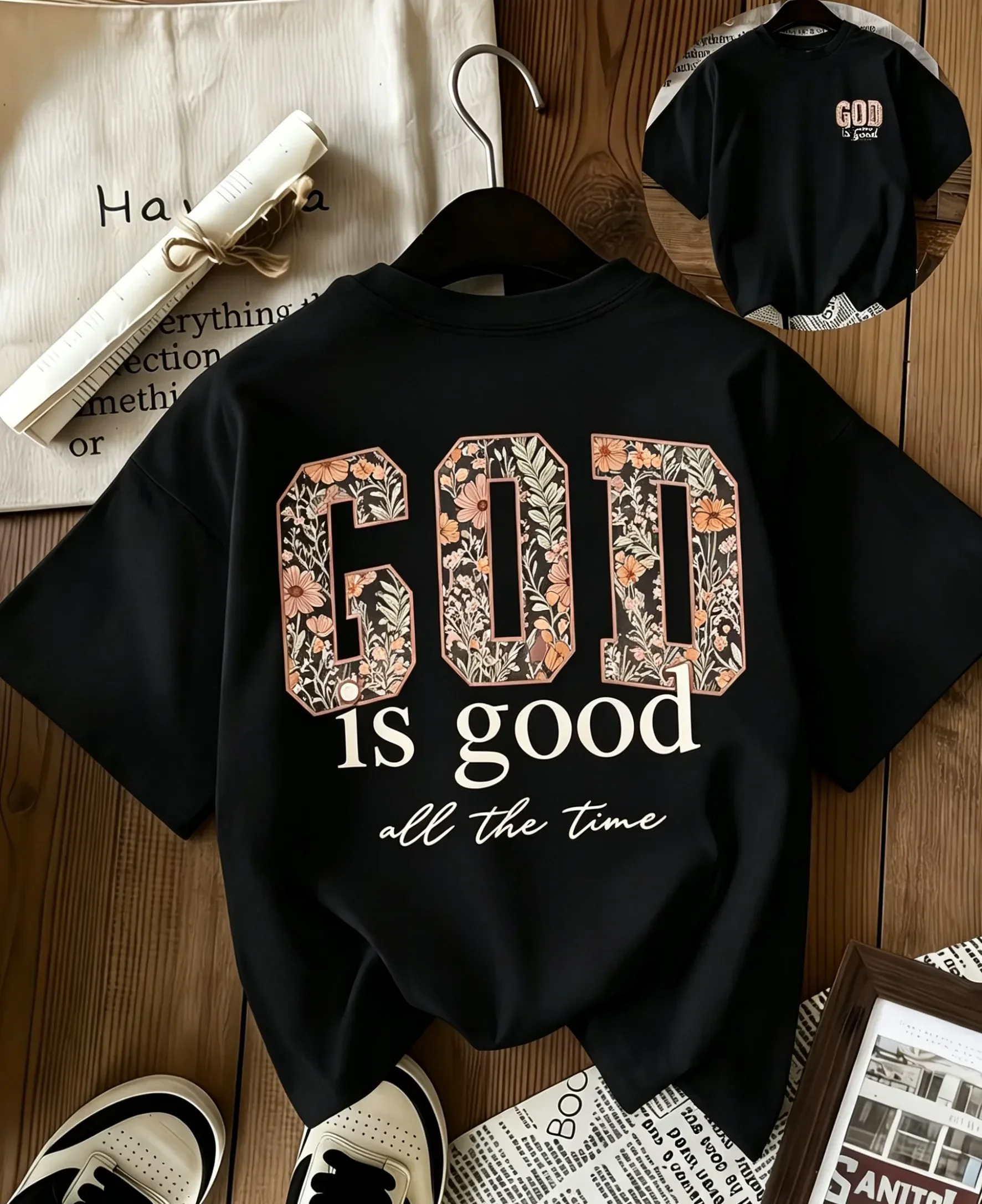 God Is Good All The Time Christian T Shirt Floral Faith Graphic Tops Women Trendy Back Print Casual Short Sleeve Tee