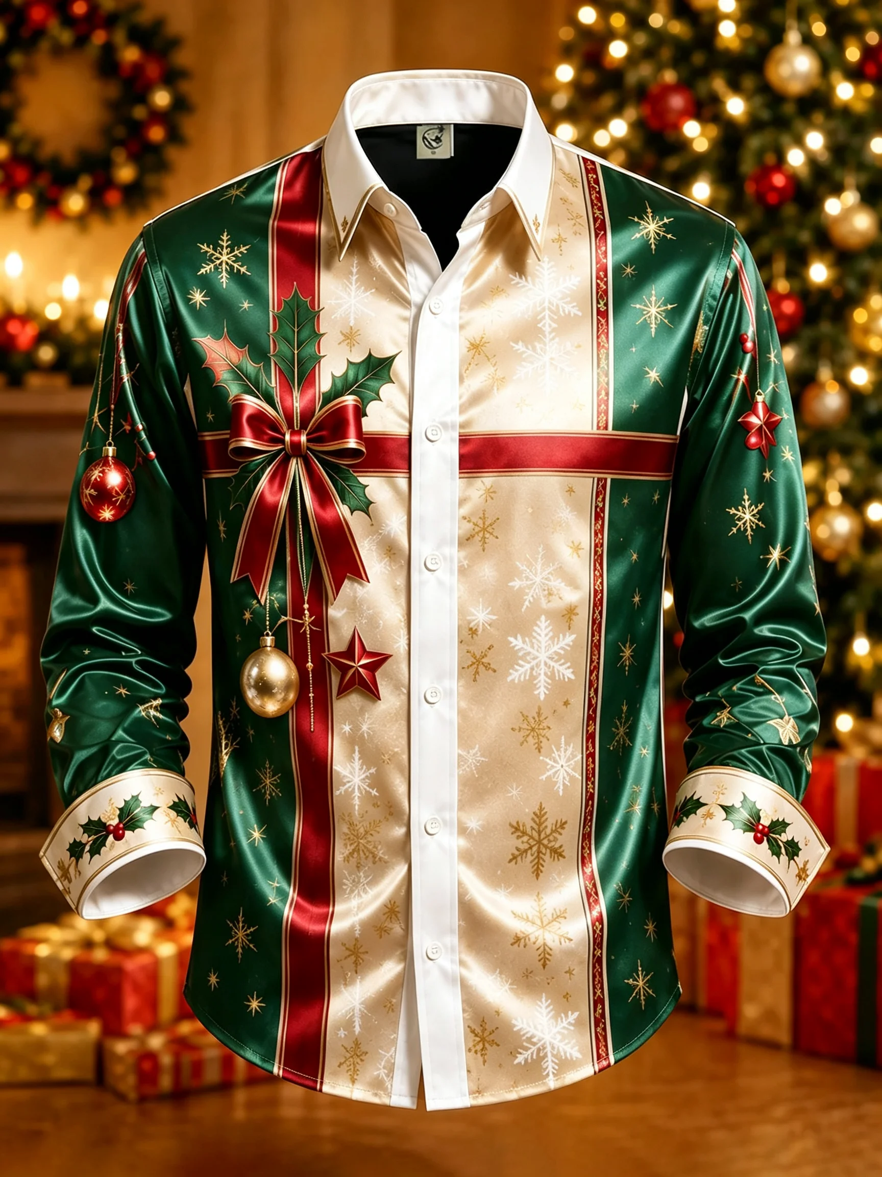 Herrenhemd aus Satin mit 3D-Druck, langärmelig, Weihnachtsschleife, Schneeflockenmuster, Revers, Knopfleiste