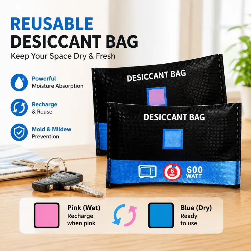 Reusable Color-Changing Silica Gel Desiccant Dehumidifier Bag for Car and Home, Moisture Absorber Pack for Mold Prevention