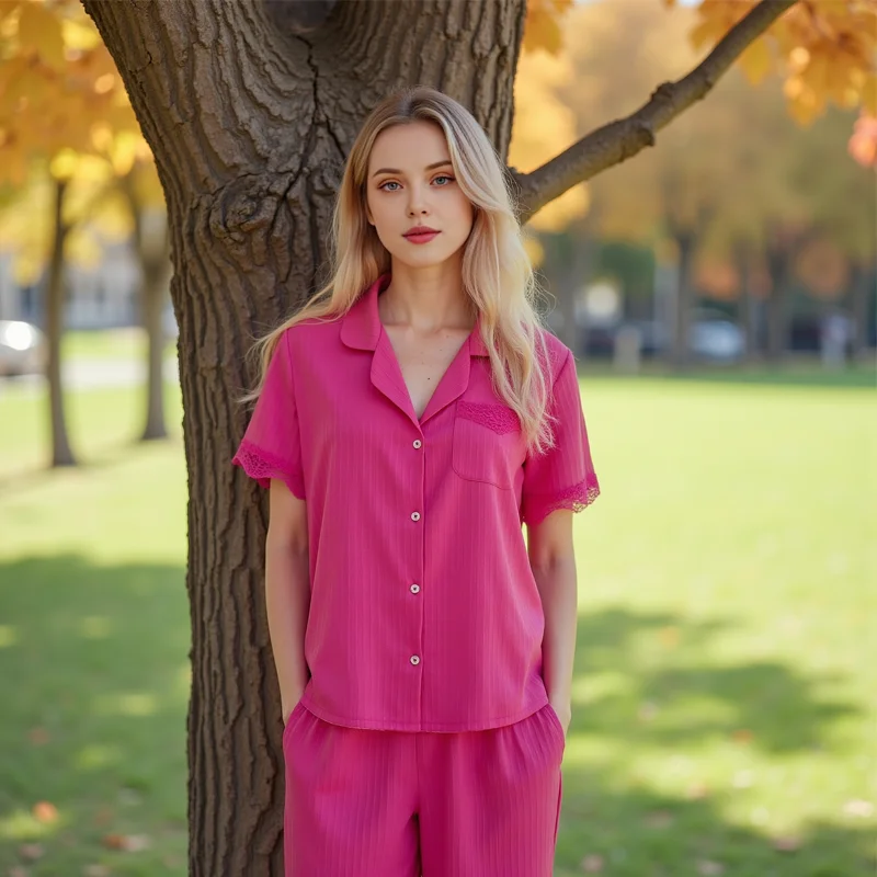 

t Sleeve Pajamas Home Clothes Pajama SetWomen's Home Clothes Woven Fashion Wave Bar Splicing Lace Shor