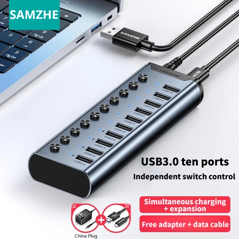 SAMZHE 7/10 Ports USB 3.0 Hub Aluminum Splitter High Speed with Individual Switches for Laptop PC Desktop USB Extender