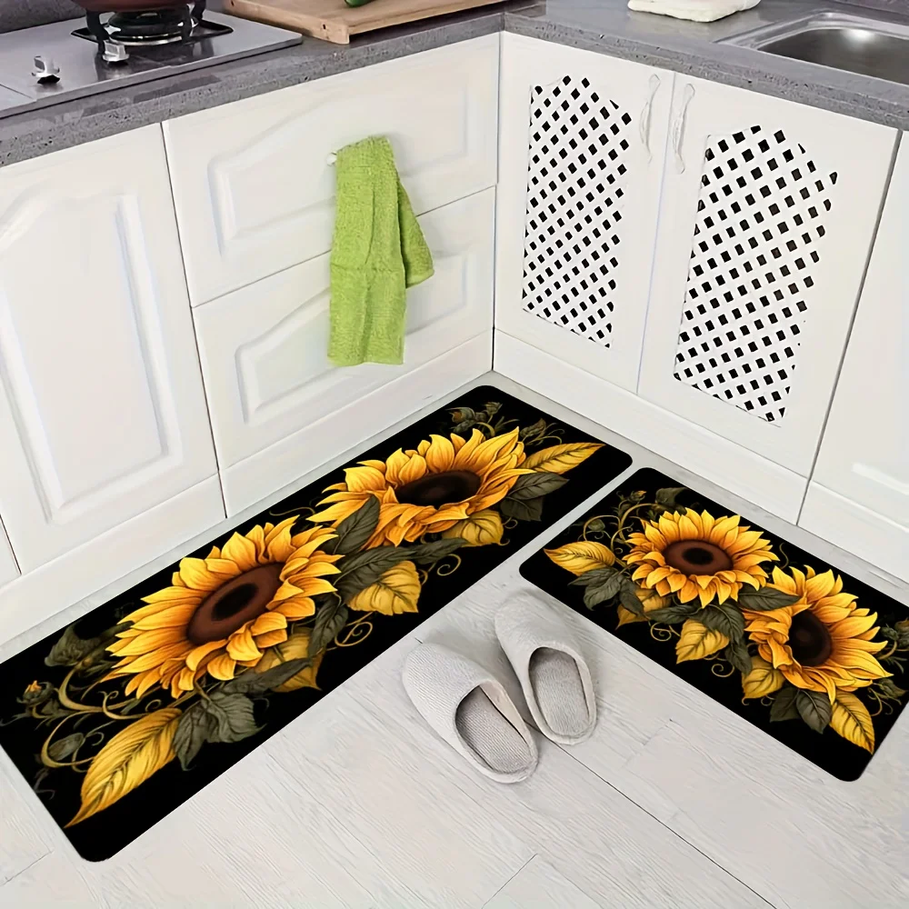 1pc Sunflower kitchen rug, non-slip machine washable flannel floor mat, suitable for hallway door kitchens