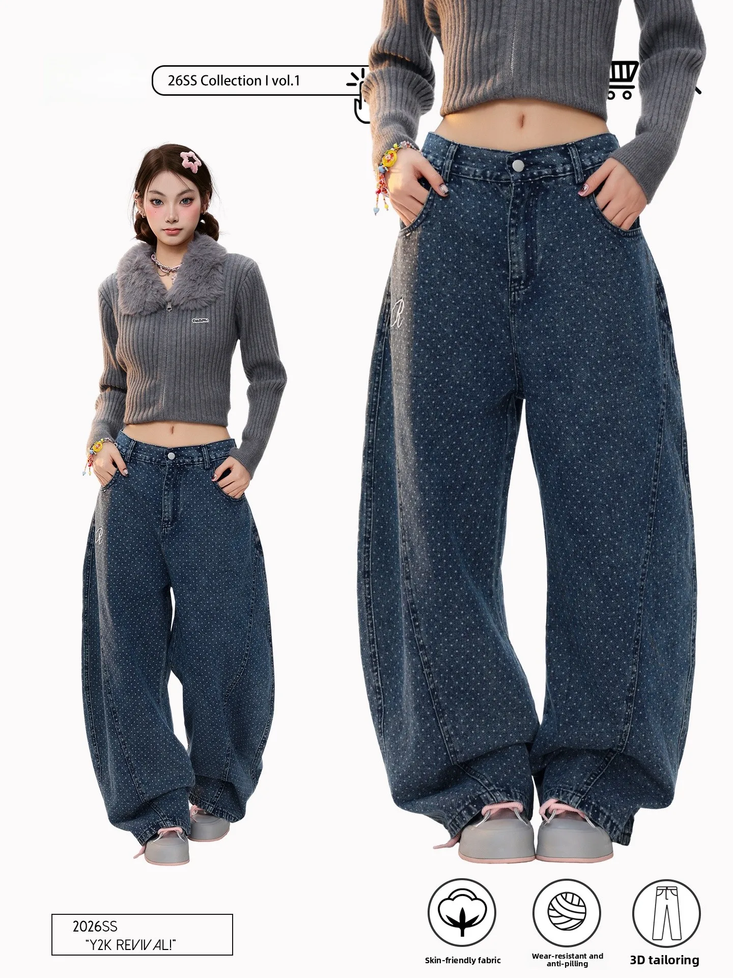 

High Waist Casual Denim Pants Women's Wide Leg Floor Length Embroidered Polka Dot Street Style Spring Fashion Ladies Jeans