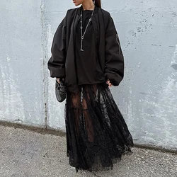 HOUZHOU Black Sexy Lace Skirt Women Fashion 2024 Thin Transparent Casual Hollow Out High Waist Loose A-line Long Skirt Party