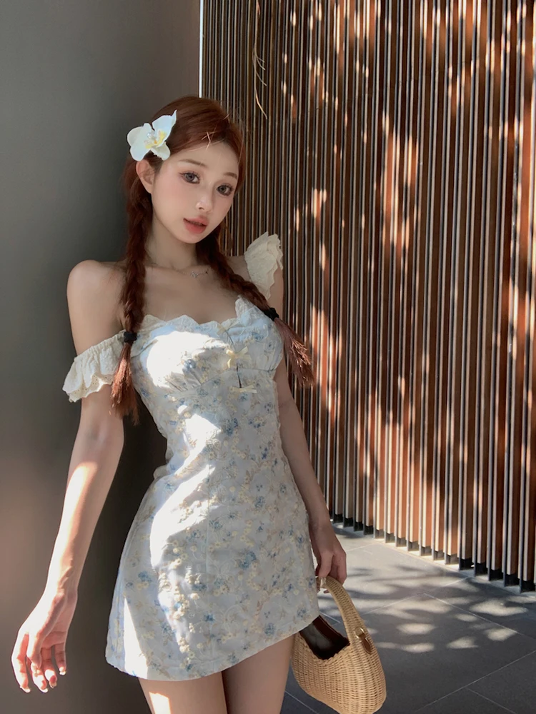 

Женское платье с цветочным принтом и квадратным вырезом, приталенное, с короткими рукавами, в корейском стиле, для повседневной носки