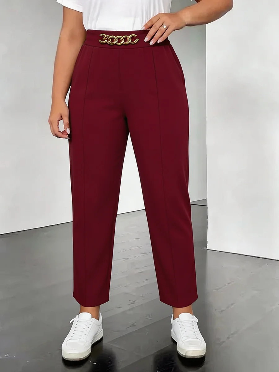

Women Plus Size Chain Waist Pants High Rise Crop Seam Trousers Slim Fit Casual Chic Ladies Wear Spring Summer Daily Slacks