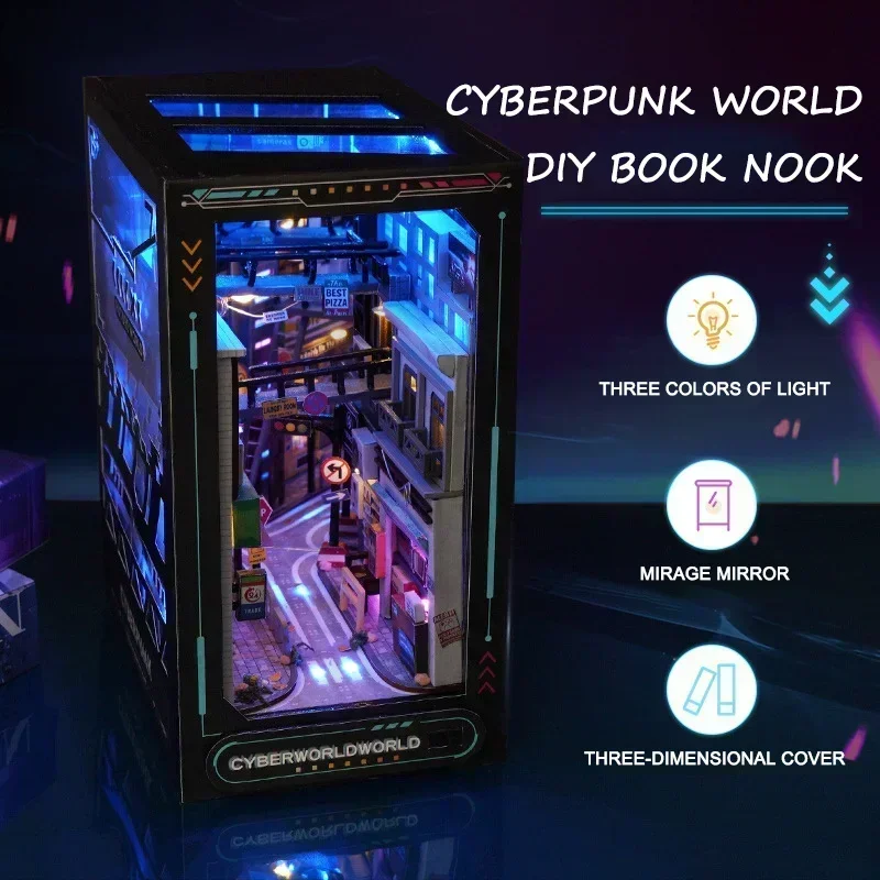 

Home Bookend Decor Future World Bookshelf Creative DIY Wooden Book Nook Shelf Insert Miniature Kits