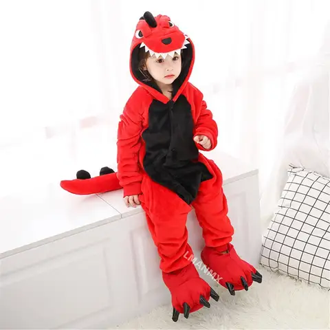 Red Dinosaur Kigurumi Onesie Pajamas Set Animal Cosplay Costume Pink Cute Winter Warm Soft Flannel Jumpsuit Children Party Wear