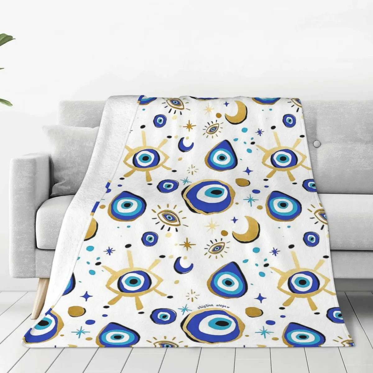 

Blue Evil Eye Flannel Throw Blanket Greek Amulet Nazar Lucky Blanket for Bedding Couch Lightweight Thin Bedroom Quilt