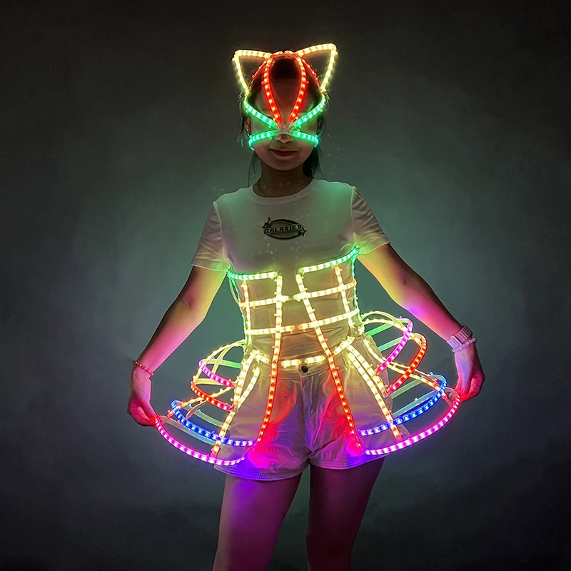 Full Color LED Costume Suit Bar Nightclub Light Up Cage Clothing Sexy Girl Tutu Ballet Dancing LED Luminous Hollowed-Out Dress