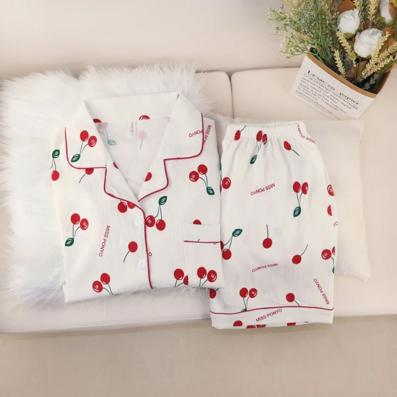 

Pajamas Female Cloud Cotton Short Sleeve Shorts Cartoon Cherry Cat Bear Print Student Sleepwear Homewear Casual Simple Durable