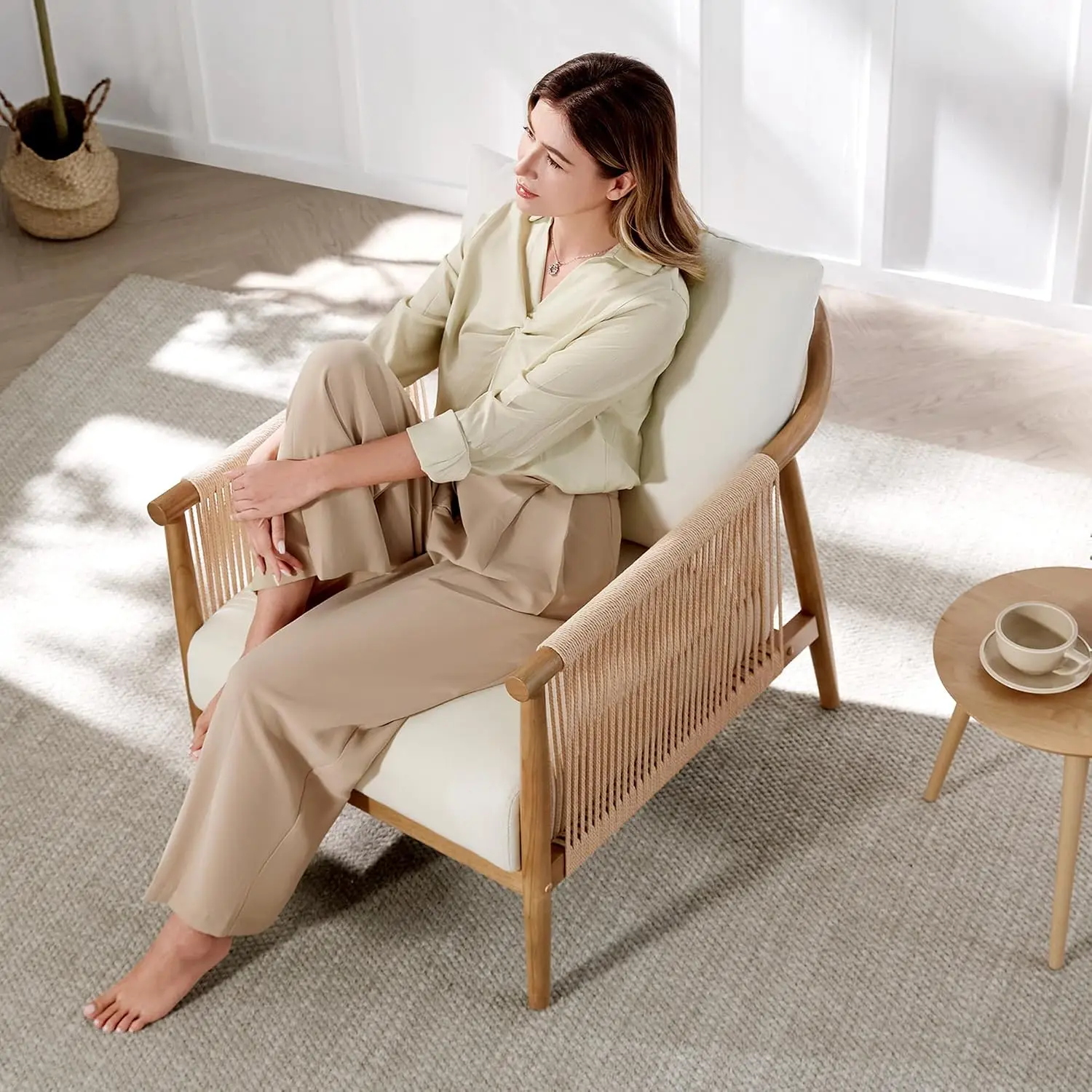 Braid Accent Chair Set of 2, Wood Frame and Paper-Cord Armrest, Cream, Customized