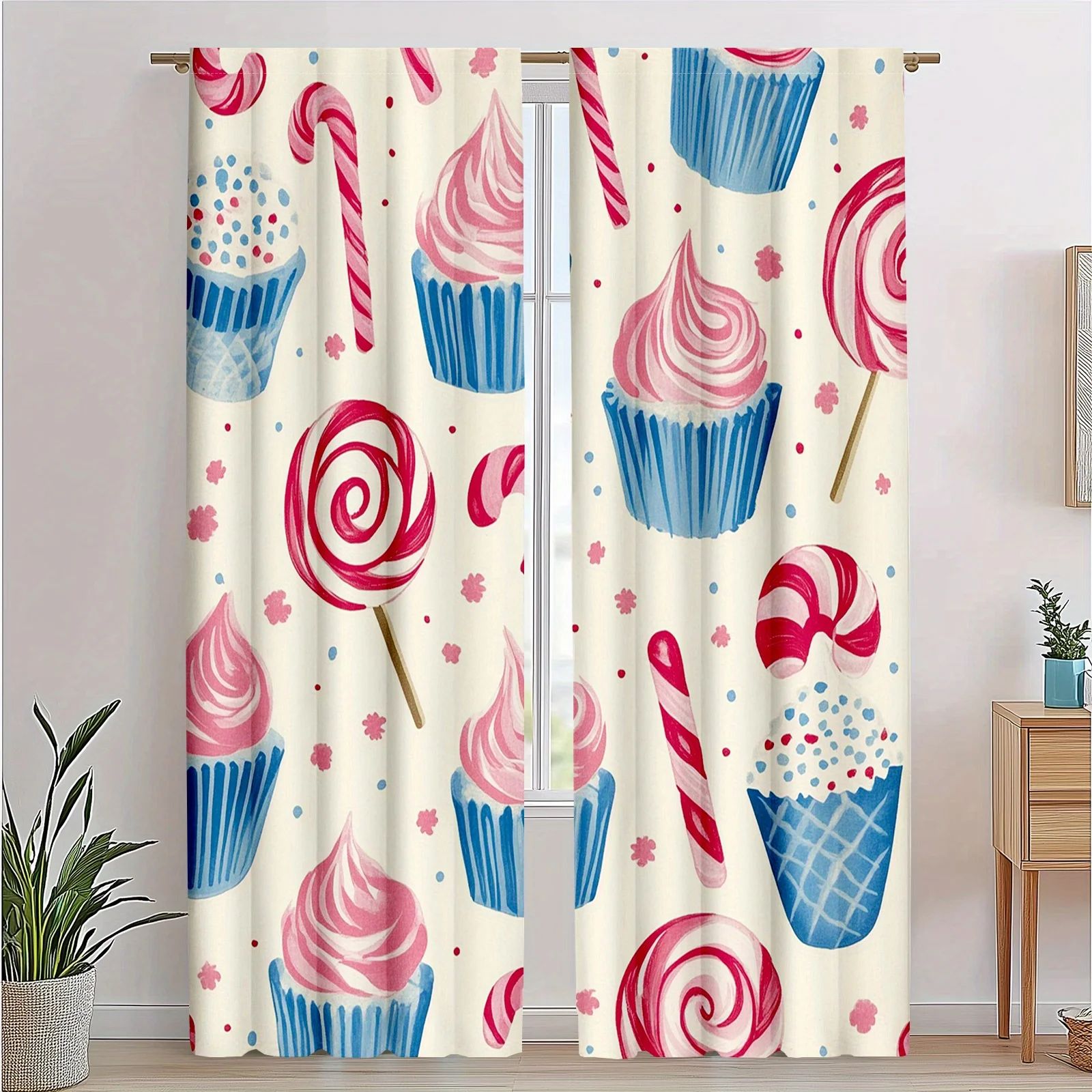 Sweet Cupcake Candy Print Curtains, Pink Blue Dessert Pattern Blackout Drapes for Kids Room, Cute Bakery Theme Home Decor