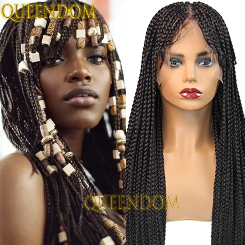 

32 Inch Synthetic Braid Wig With Bangs Full Lace Faux Locs Box Braids Goddess Wig for Black Women Knotless Cornrow Braided Wigs