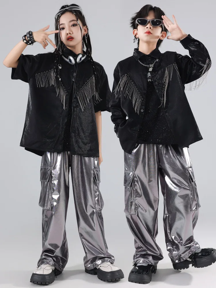 Boys Hip Hop Green T-shirt Shiny PU Leather Cargo Pants Girls Crop Top Kids Street Dance Streetwear Children Jazz Clothes Sets