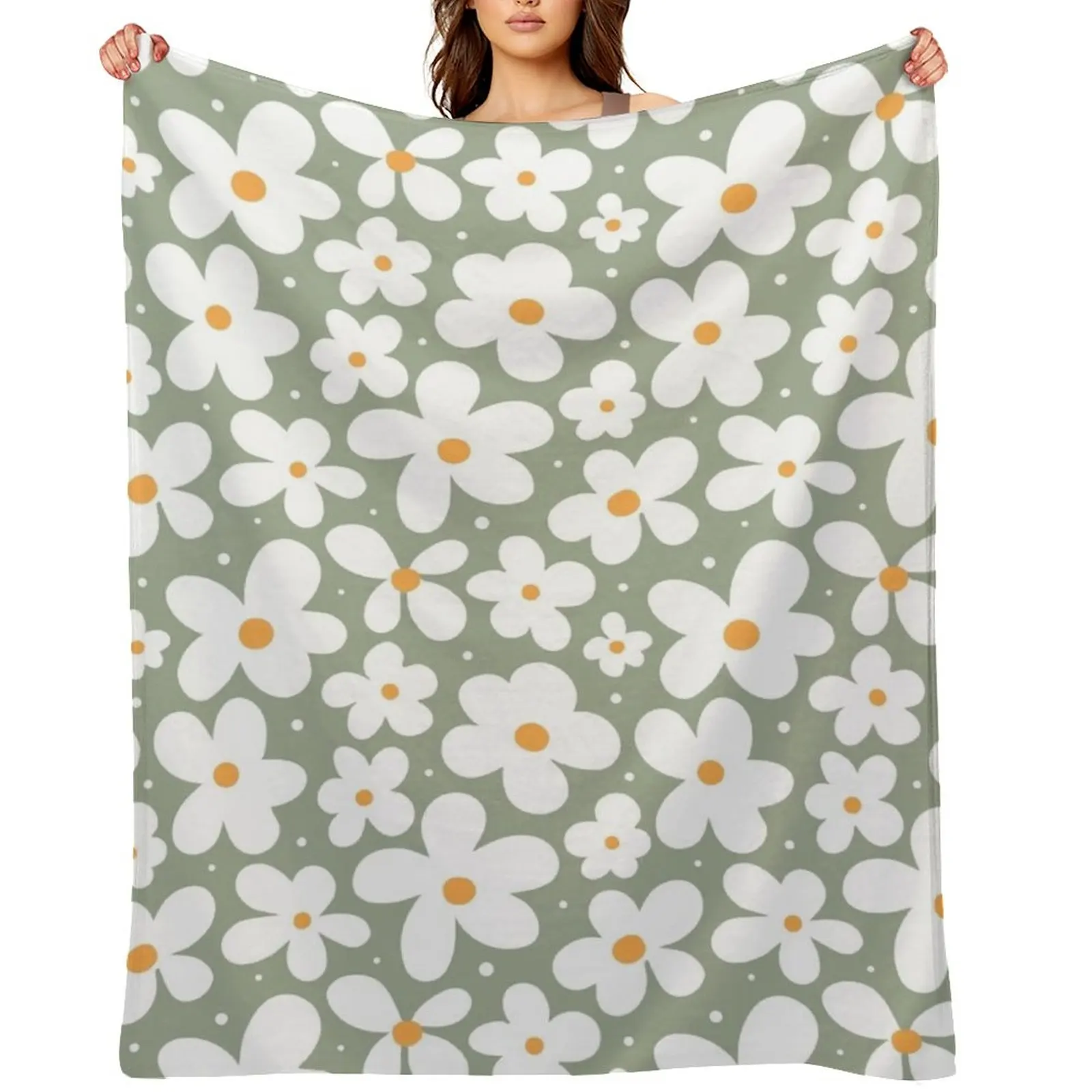 

Groovy Daisies Floral Retro Daisy Pattern Sage Olive Green Throw Blanket Heavy Warm Designers valentine gift ideas Blankets