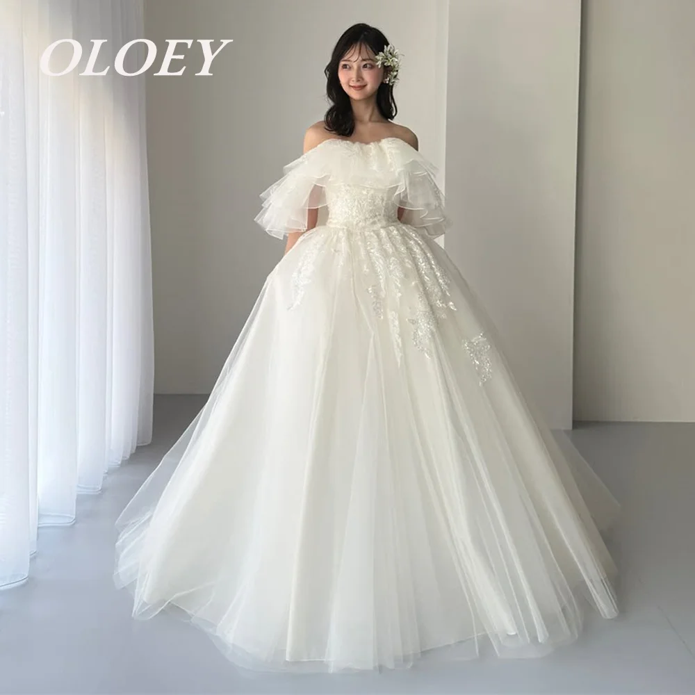 

OLOEY Elegant A Line Wedding Dresses Off the Shoulder Floor Length Bridal Gowns Korea Photoshoot Customized Beading Appliques