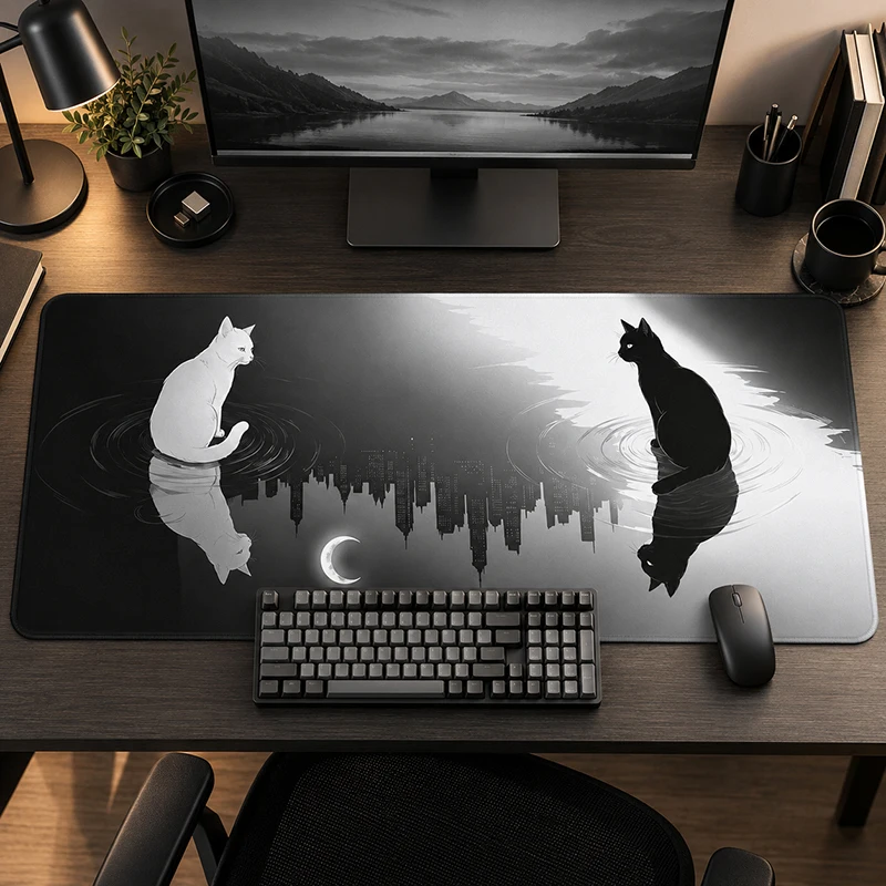 Mouse Pad Moonlit Black White Cats Gamer XL Computer New HD Mousepad XXL Playmat Office Carpet Natural Rubber Desktop Mouse Pad