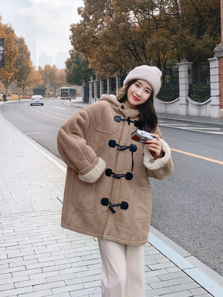 Korean Style Women\'s Autumn Winter Warm Coat Khaki Hooded Faux Wool Horn Button Thick Jacket 2023 Preppy Cashmere Plush Top