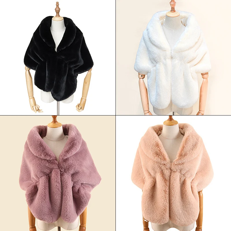 

Women Winter Faux Rex Rabbit Fur Cape Bridal Wedding Gown Shrug Scarf Lady Fur Shawls Cloak Coat Evening Party Decor Stole