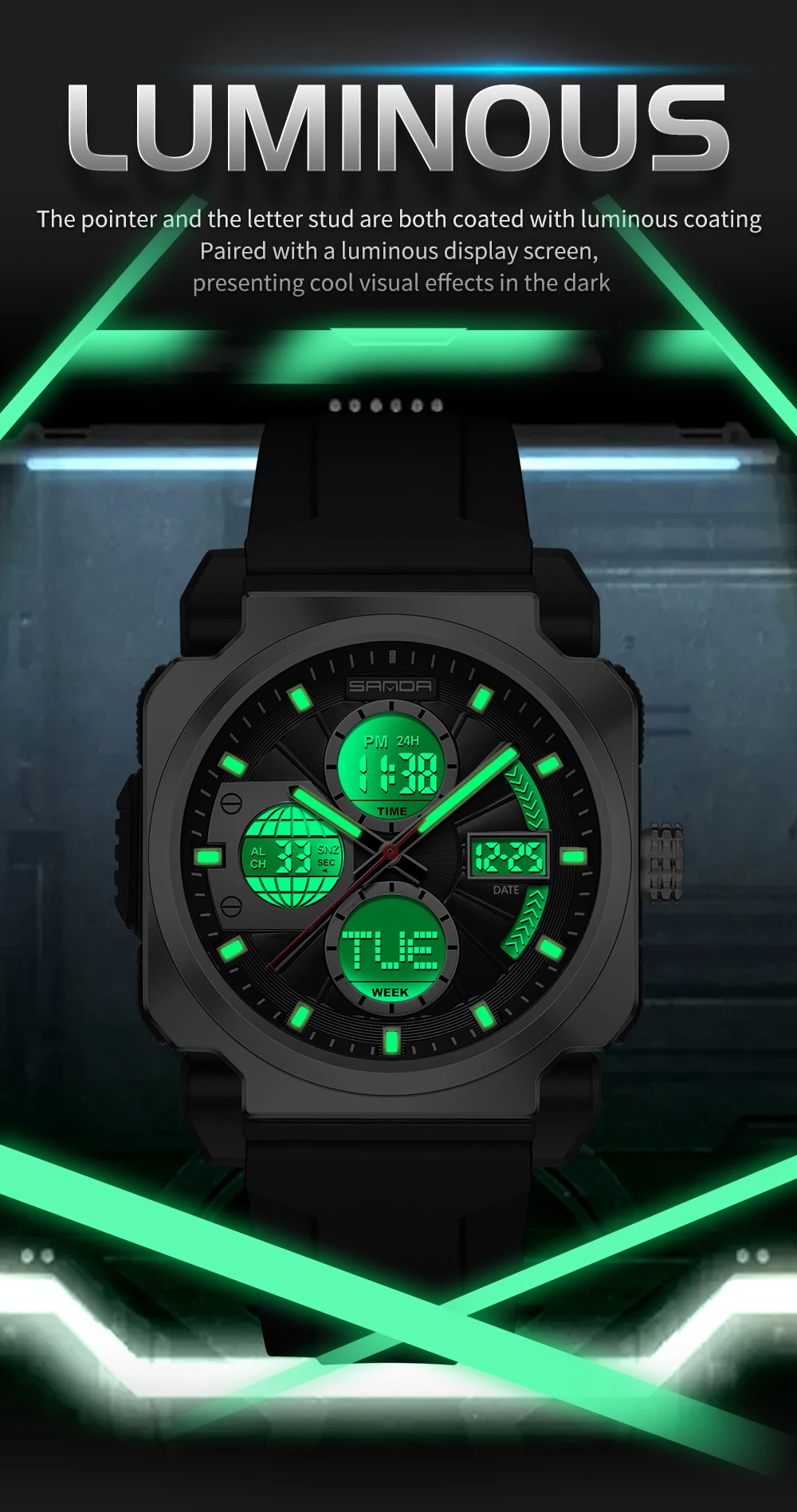 SANDA 3377 Fashion Men's Electronic Watch Sport Multi functional Waterproof Night Light Dual Display Men's Electronic Watch