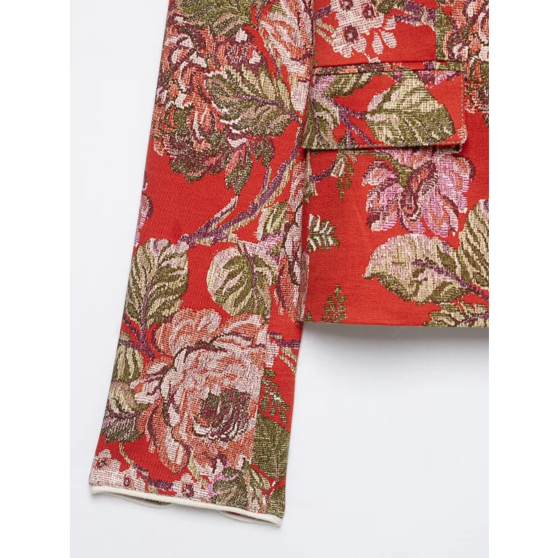 2026 Frühling Herbst Neue Damen Blumen-Jacquard-Print Stehkragen Kurzer Blazer Langarm mit Taschen Vintage Blumen-Anzugjacke – Detail 11
