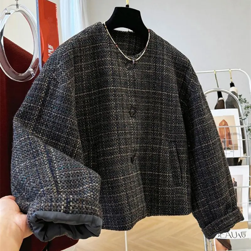 

Korean Style Tweed Grid Jacket Spring Autumn Round Neck Short Woolen Loose Coat Women's Single Breasted Long Sleeved Outwear