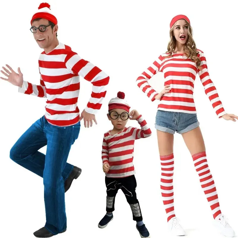 2025 12 أزياء الهالوين أين W-Wally أزياء Waldo Book Week التأثيرية قميص مخطط وقبعة مجموعة نظارات الوالدين والطفل والكبار