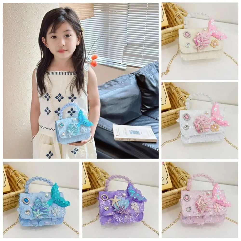

Cute Polyester Kids Shoulder Bag Pearl Square Chain Crossbody Purse Metal Chain Strap Children Pouch Girl