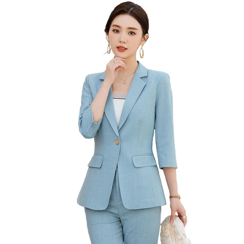 

Women's Office Suit Blazer Pantsuit Simple Solid Color Suit Blue Three Quarter Sleeve Top Pencil Trousers Fashion 2 Piece Set