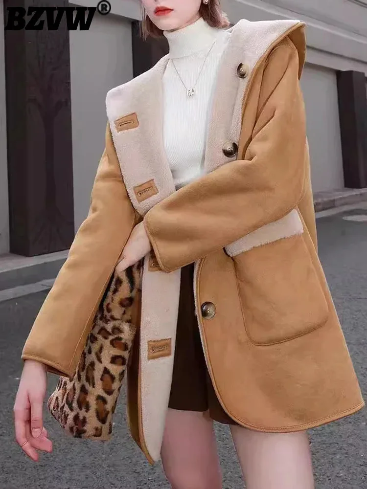 

BZVW Highstreet Lamb Wool Fur Coat Women's 2024 Winter New Hoodded Single Breasted Color Block Mid Length Coats 25A9275