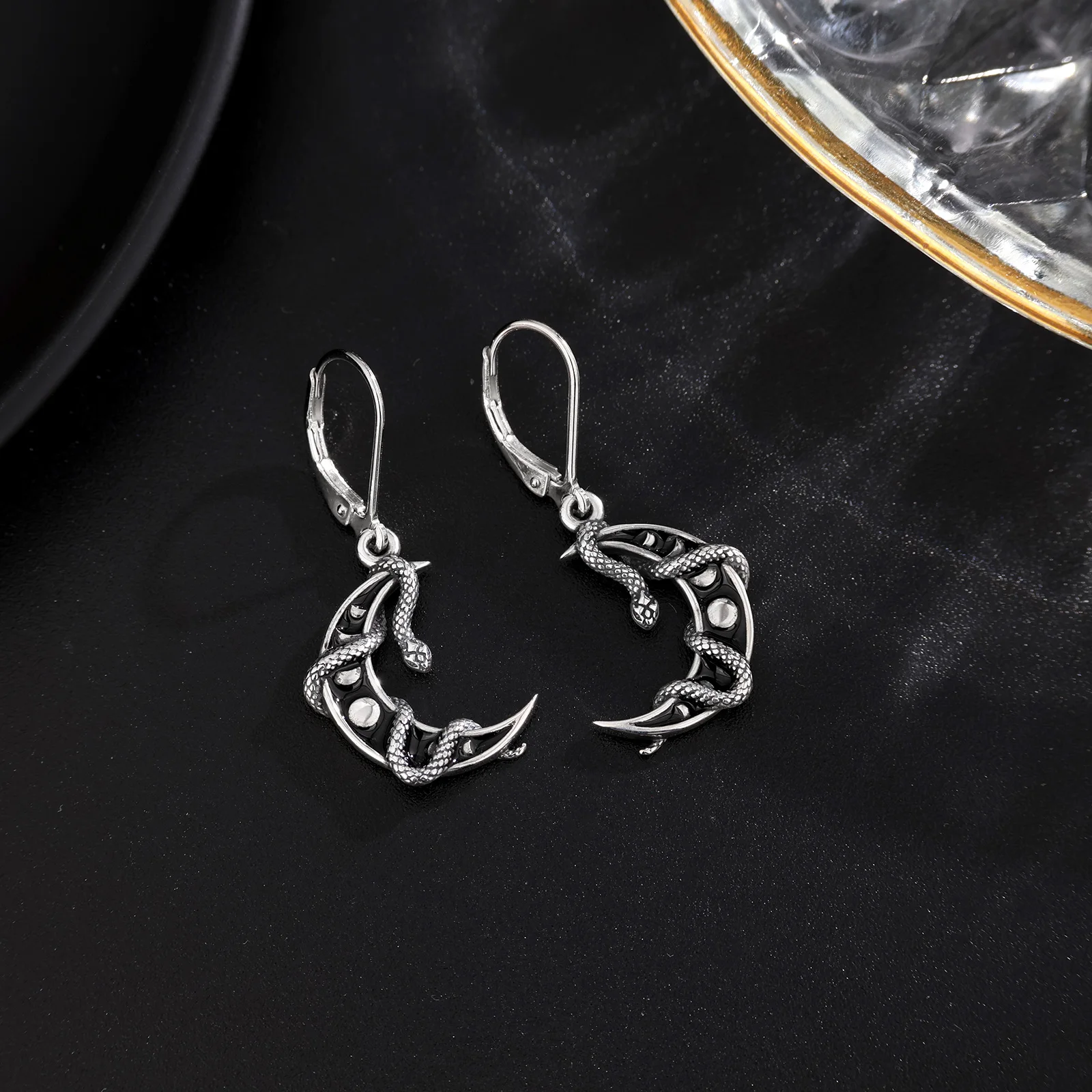 AEONSLOVE 925 Sterling Silver Moon Phase Snake Earrings Gothic Black Enamel Celestial Drop Earrings Witch Jewelry Gift for Women