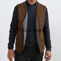 Men's Suede Herringbone Patchwork Vest Casual Elegant Men's Suits Dress Vest Man Suit Work Vests Steampunk Male Gilet Sleeveless