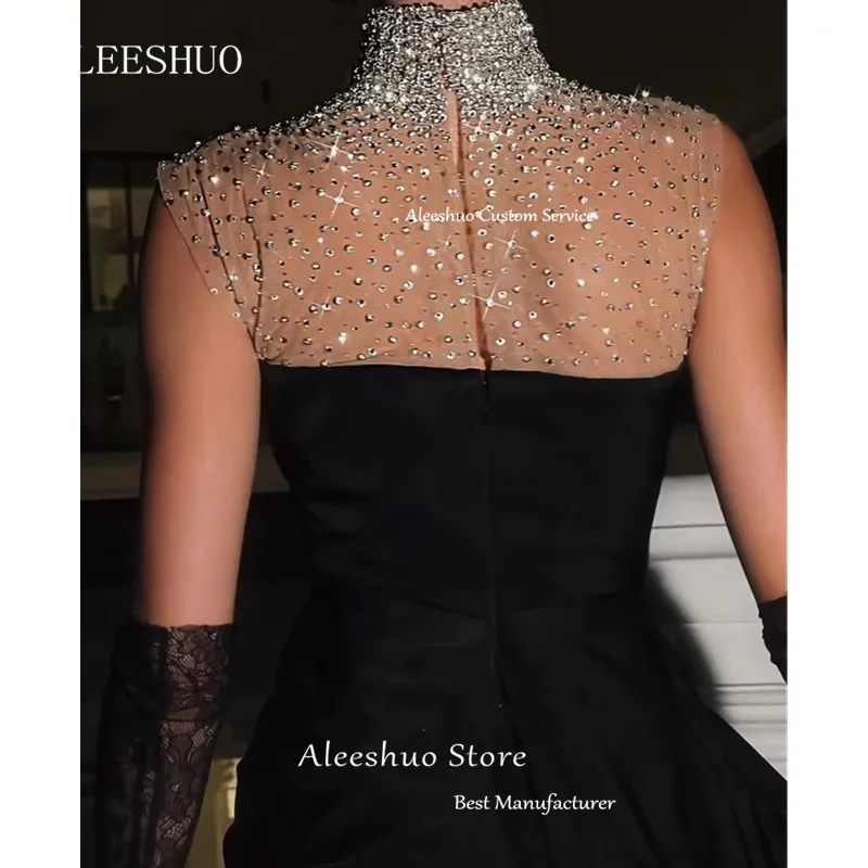 Saudi Arabia Black Mermaid Prom Dressess Sexy High Neck Sleeveless Evening Dress Pleat Shiny Beaded Crystal Opne Back Customized