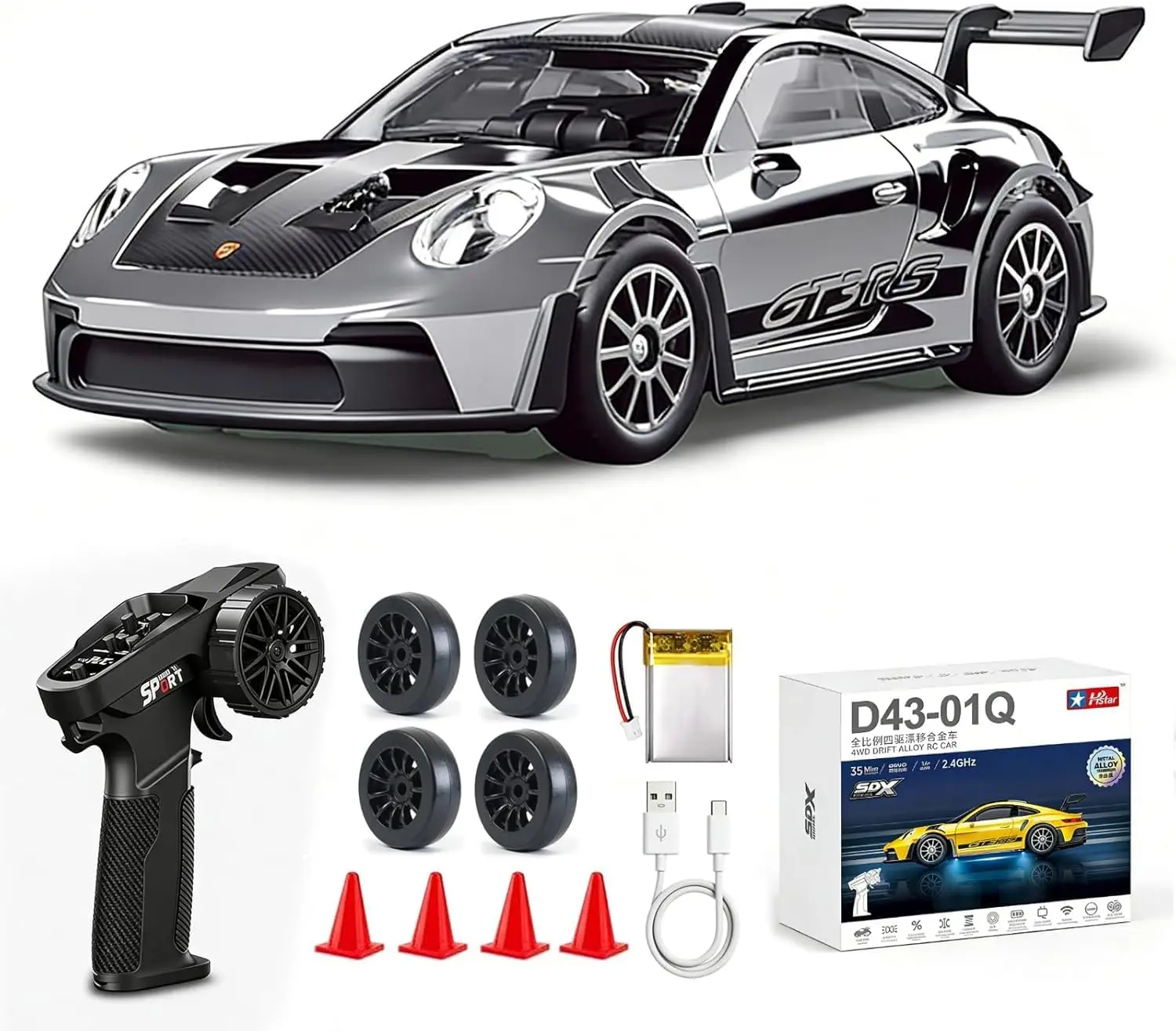 1/43 911 RC Drift Car 4WD with Gyro Full Proportional RTR | Alloy Body, 20KM/H Speed, Extra Drift Tires, Silent Bearings, LED Li