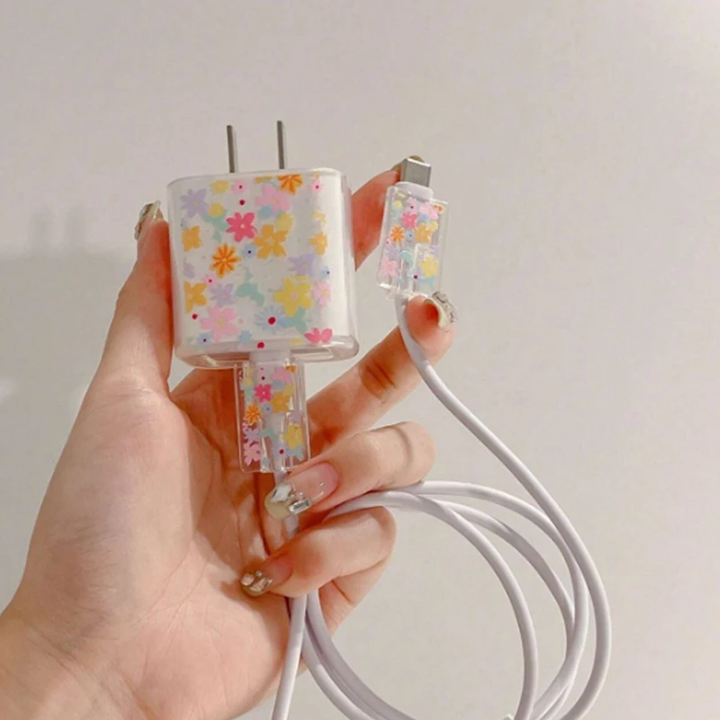 Fashion Yellow Fragmented Flower 3pcs Charging Data Cable Protector Winder Accessories For iPhone18/20w Charger Protective Cover